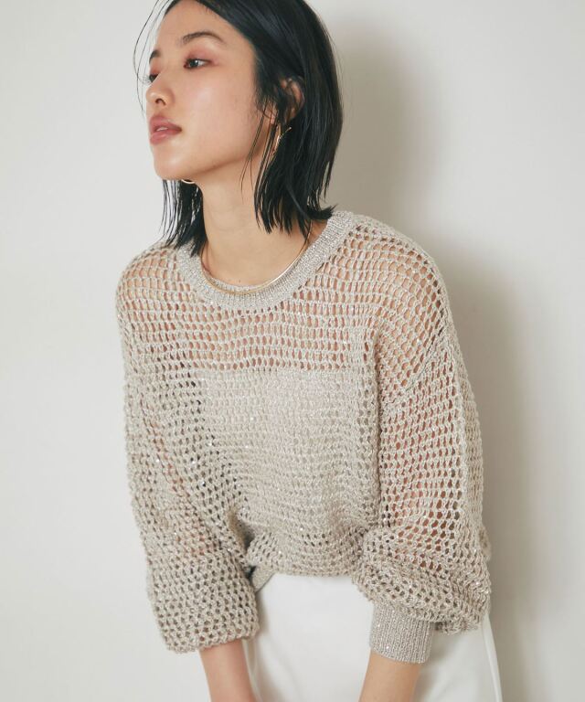 ラメメッシュニットポロシャツ　アニュアンス　ベージュ　ゲキカワ　最安値！ anuans（アニュアンス）の「ラメメッシュニットポロシャツ（ニット