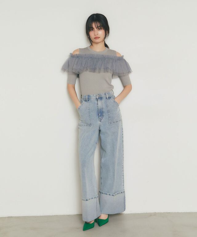 ♡♡♡ Mさませんよう ♡♡♡ チュールフリルオープンショルダーニット