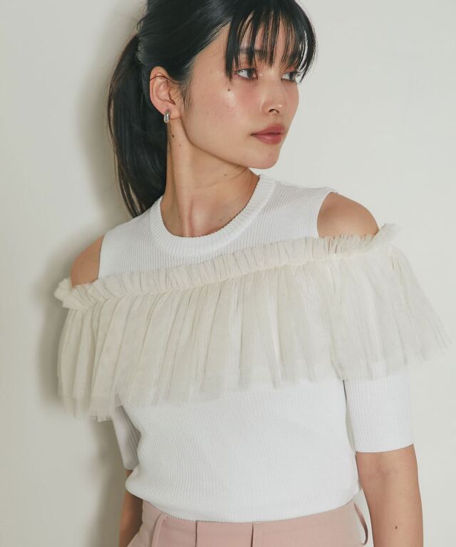♡♡♡ Mさませんよう ♡♡♡ チュールフリルオープンショルダーニット