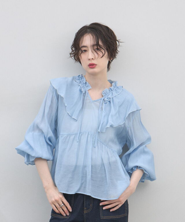 7/8まで！【新品タグ付】シアーバブルスリーブシャツ ネイビー NAVY シャツ レディース 7分袖 シアー感 透け感 ストライプ 前後差丈