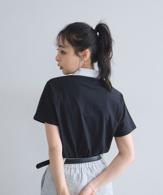 OOPS×RYUAMBEコラボポロTシャツ パイル地 黒ブラック フリルポロTシャツ