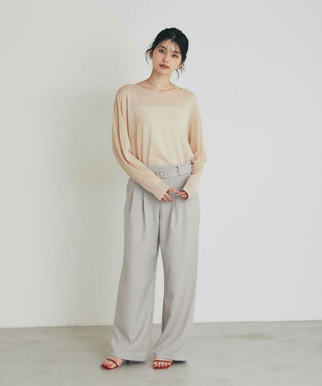 美脚パンツと同素材】【セットアップ対応】　ショルダータックノースリ ベルト付き美脚シルエットタックパンツ