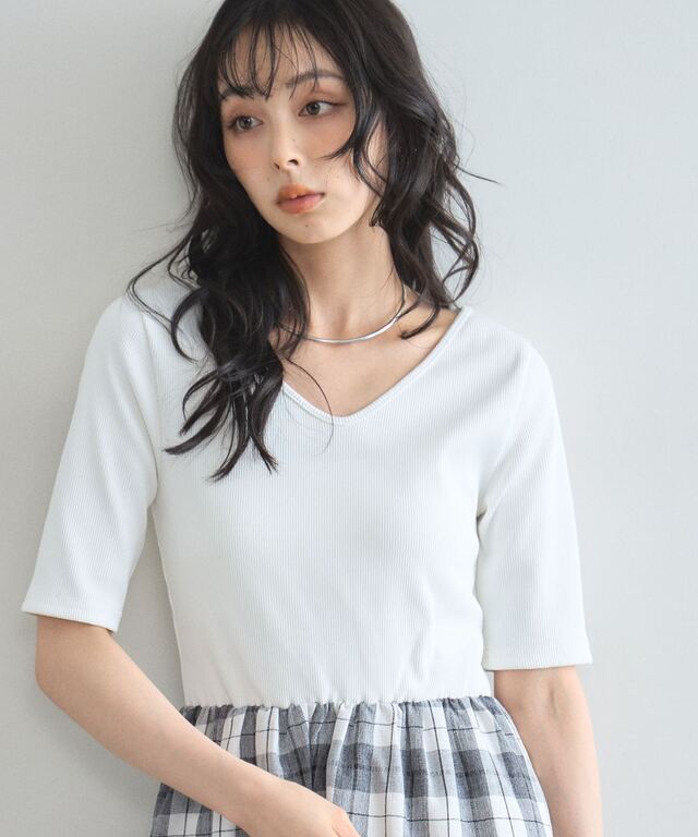 リブカット×チェックドッキングワンピース