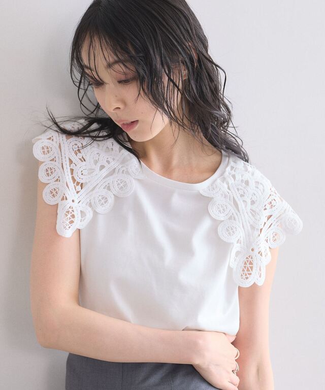 美香さん着用】 【接触冷感・UVカット】レース襟ノースリトップス