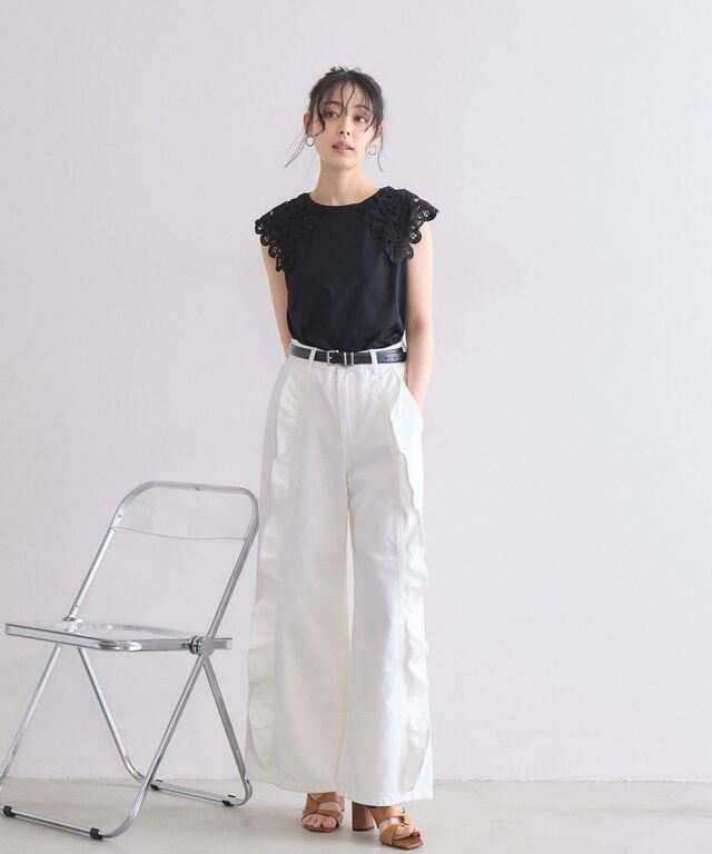 美香さん着用】 【接触冷感・UVカット】レース襟ノースリトップス 美香さん着用】 【接触冷感・UVカット】レース襟ノースリトップス