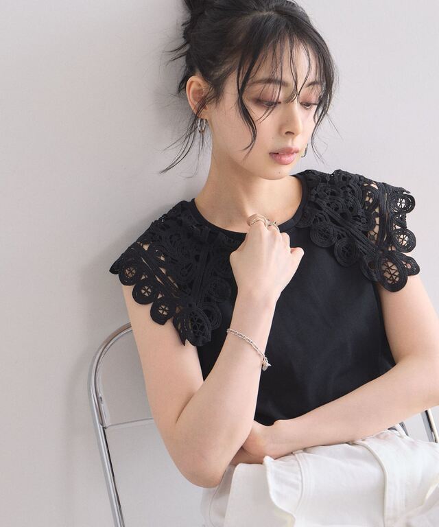 美香さん着用】 【接触冷感・UVカット】レース襟ノースリトップス
