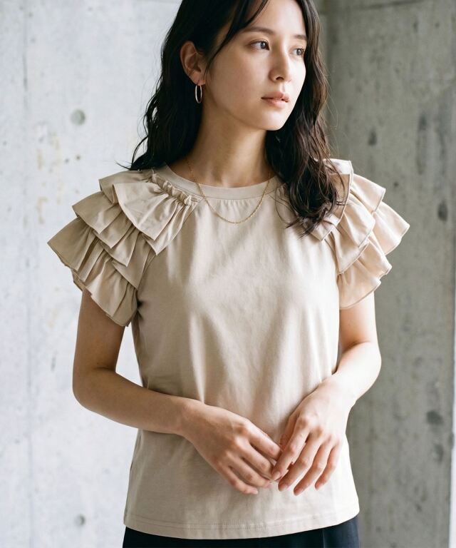 接触冷感・汗染み防止・UVカット】袖フリルTシャツ