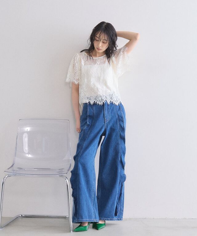 もふもふmama出品 美香さん着用】 スカラップレーストップス