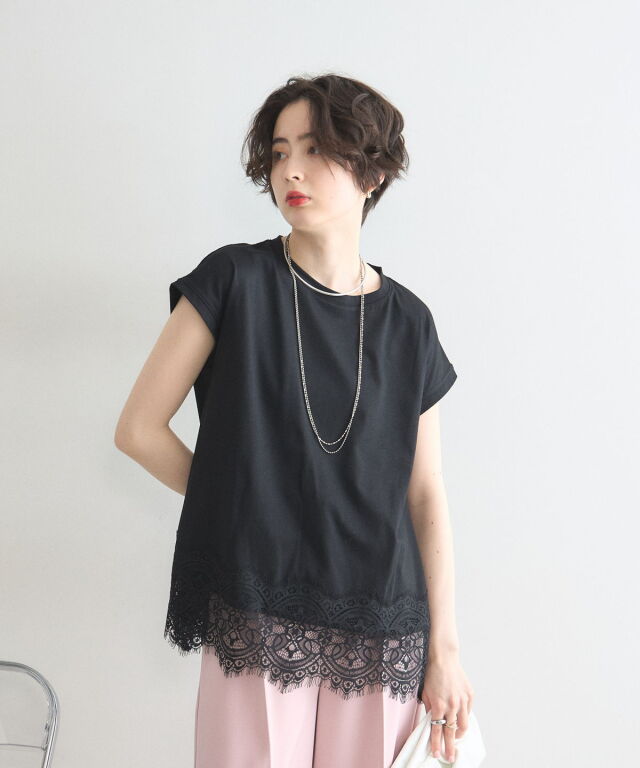 裾レース半袖Tシャツ