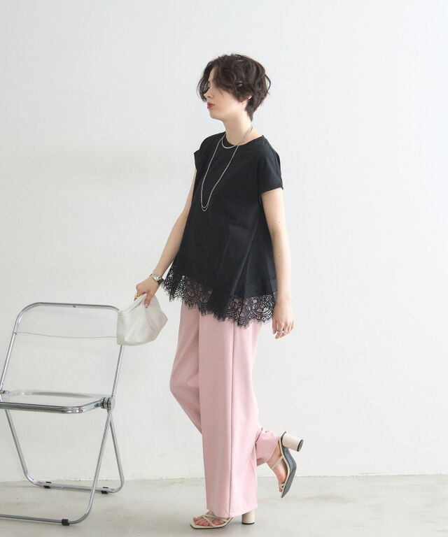 裾レース半袖Tシャツ