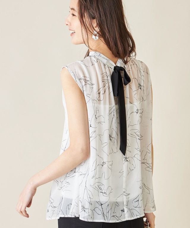 シフォン楊柳線画花柄ブラウス