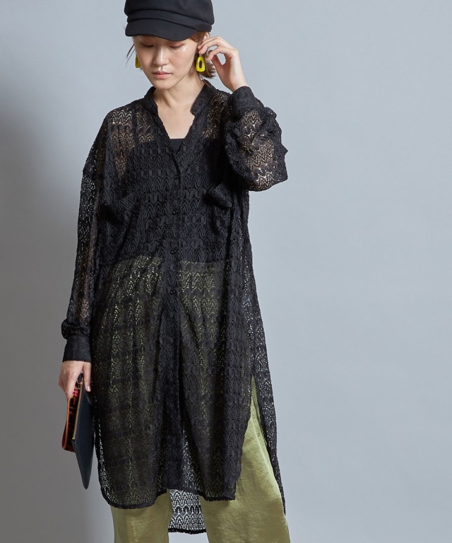 ツーポケバンドカラーレースロングシャツ