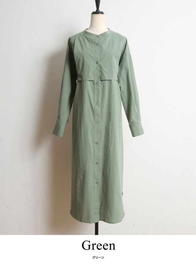 【美品】ドゥロワー　シャツワンピース　ライトグリーン　size36 胸当て付きバンドカラーシャツワンピース《一部の店舗のみ入荷》