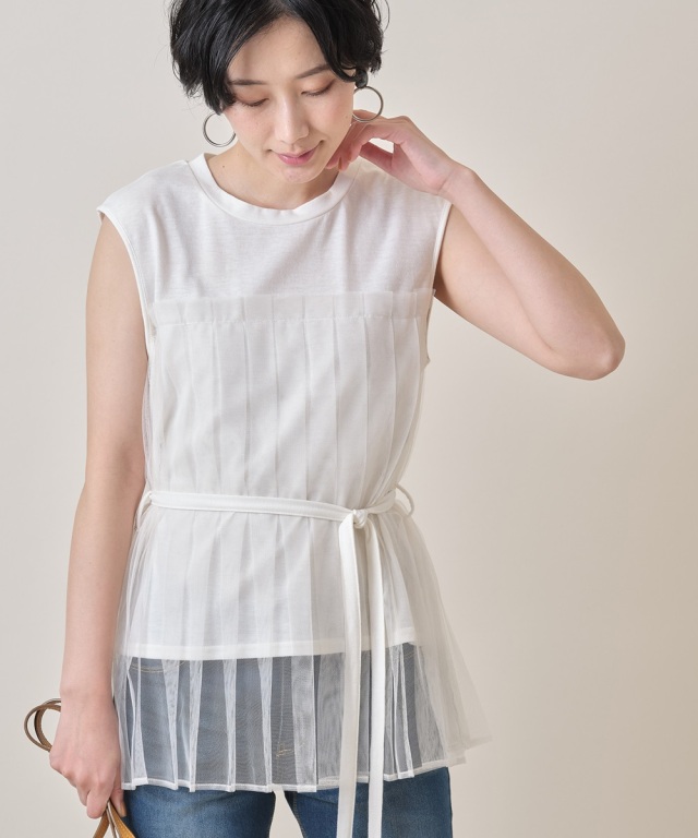 チュールプリーツドッキングTシャツ《一部の店舗のみ入荷》
