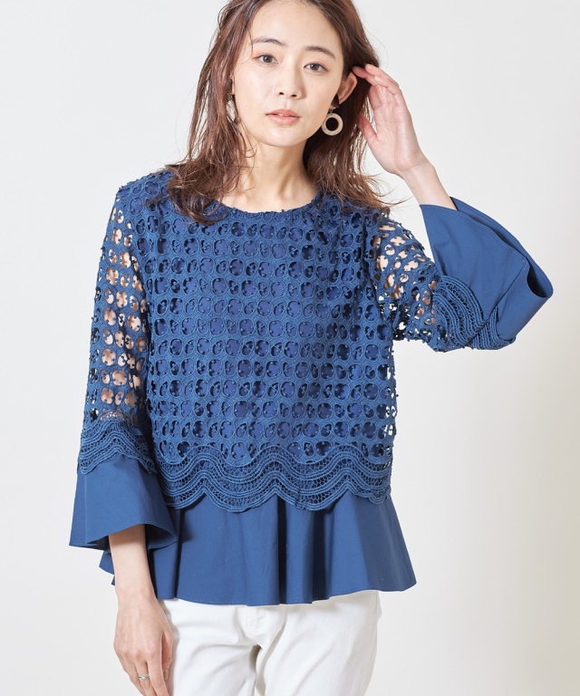 OHGA  LACE ブラウス セール】プチハイネック 花柄 レース シアー 長袖 ブラウス