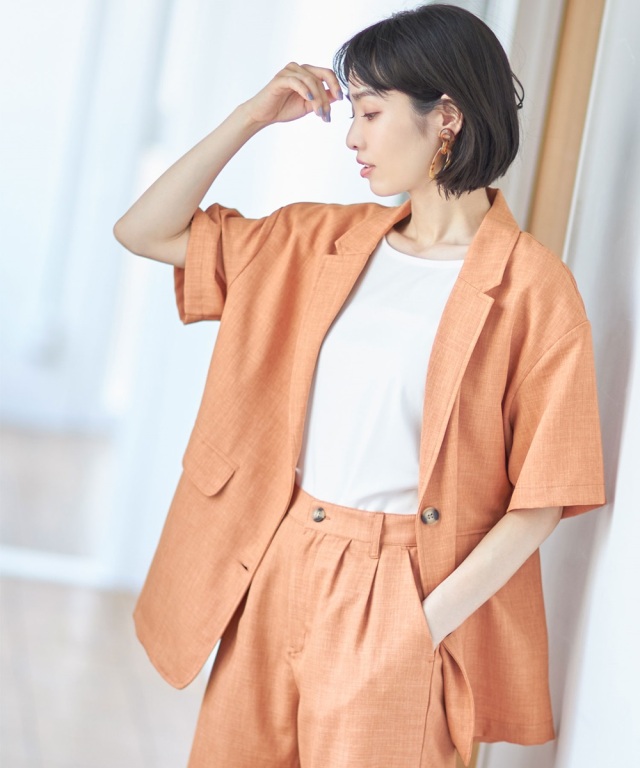 リネンタッチポリ布帛半袖ジャケット