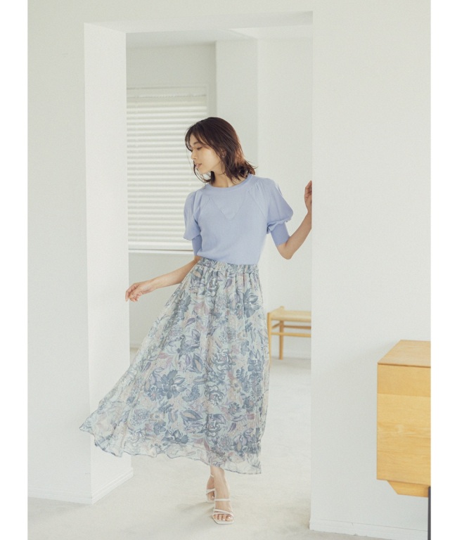 シフォン楊柳フラワープリントスカート