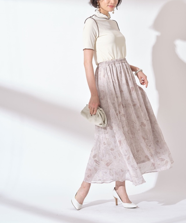 シフォン楊柳フラワープリントスカート