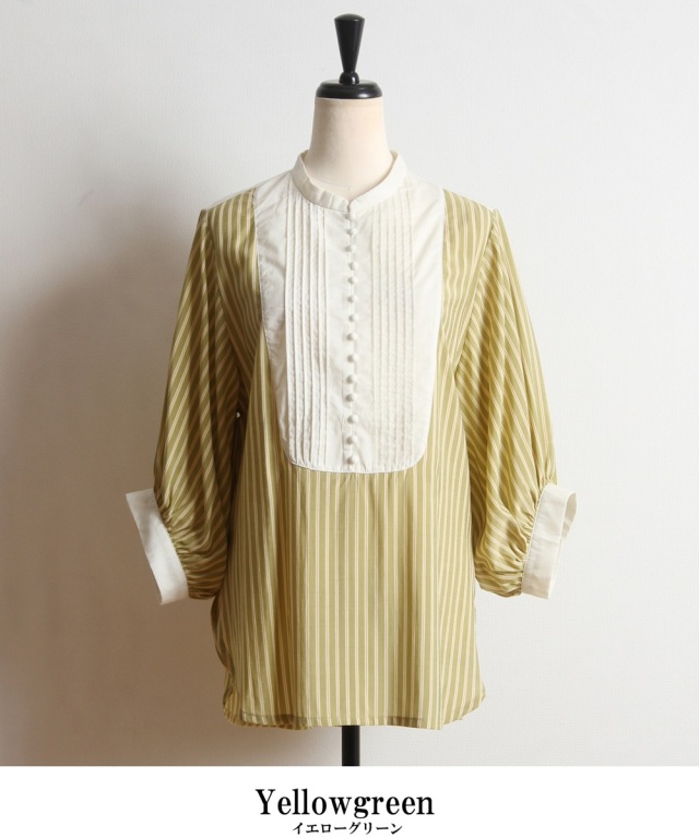 ストライプ異素材ブザム切替ブラウス※一部店舗のみ入荷