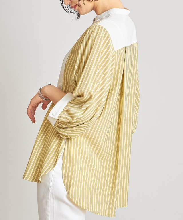 ストライプ異素材ブザム切替ブラウス※一部店舗のみ入荷