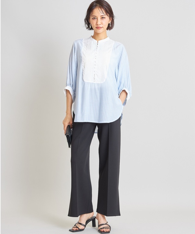 ストライプ異素材ブザム切替ブラウス※一部店舗のみ入荷