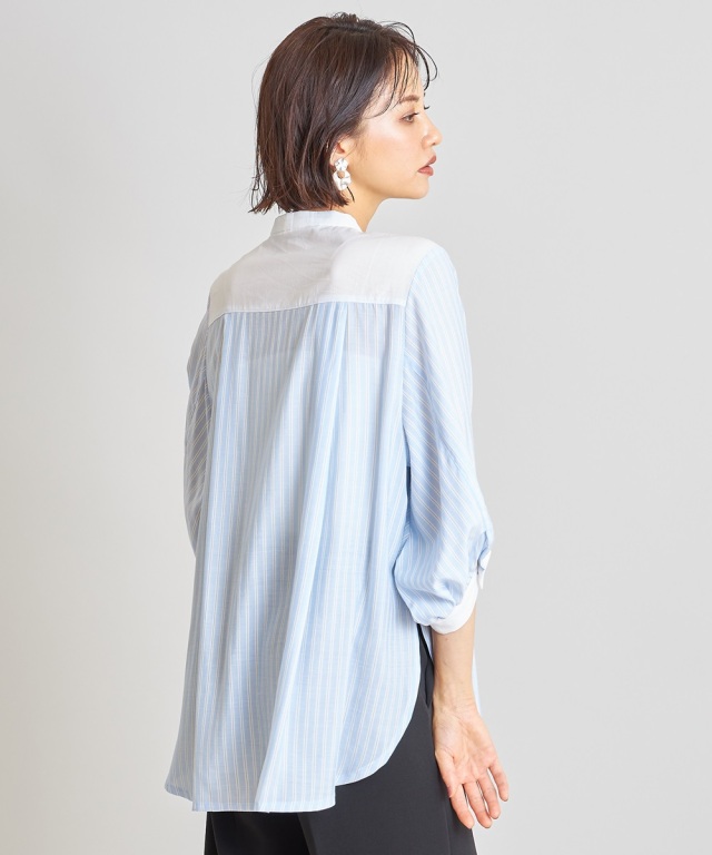 ストライプ異素材ブザム切替ブラウス※一部店舗のみ入荷