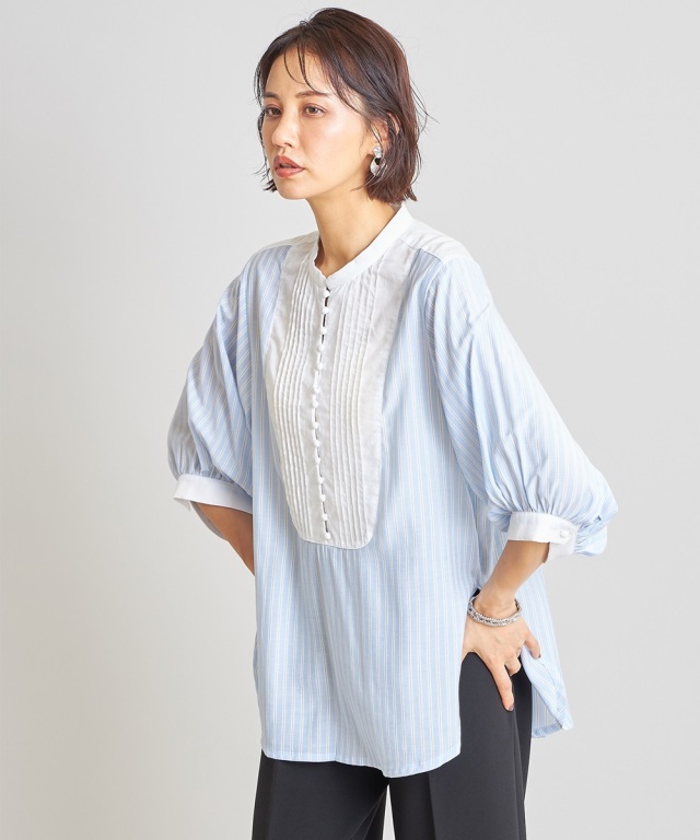 ストライプ異素材ブザム切替ブラウス※一部店舗のみ入荷