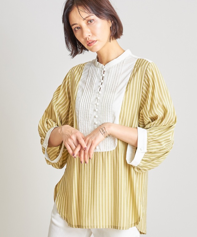 ストライプ異素材ブザム切替ブラウス※WEB Store限定販売