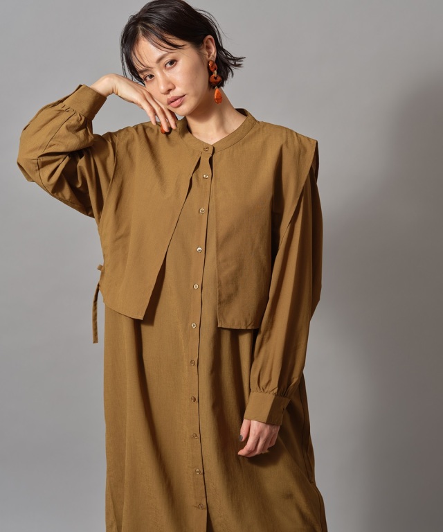 ナイジェルケーボン　ロングシャツワンピース　プリーツ　ギャザー　サイドスリット シャツワンピース レディース サイドリボン ケープカラーシャツ
