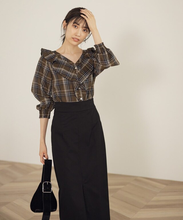 グレンチェックラッフルブラウス※一部店舗のみ入荷