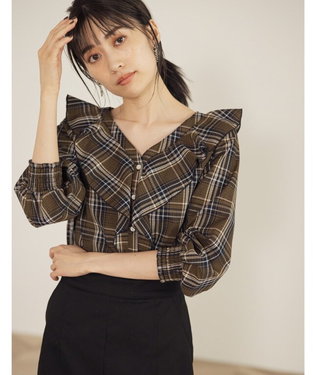グレンチェックラッフルブラウス※一部店舗のみ入荷