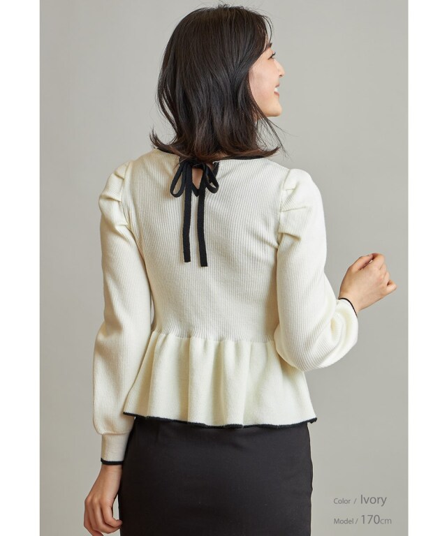袖畦フリルバックリボン配色プルオーバー※一部店舗のみ入荷