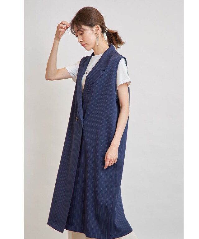 ララアナイ　ベルテッド　ストレッチ　ロングジレ　ネイビー　ストライプ　３８ 先染めストライプジレ※WEB Store限定販売