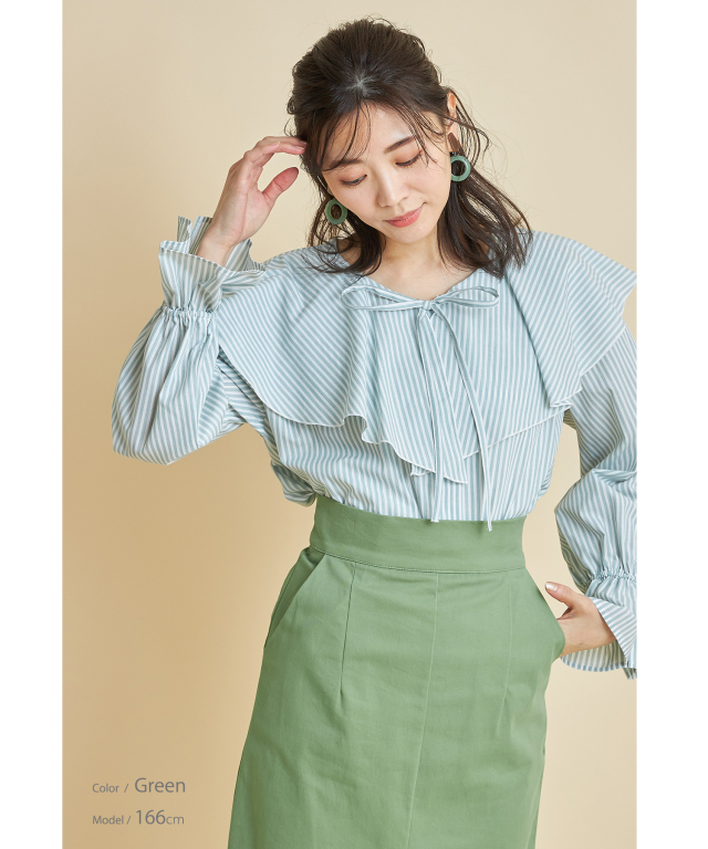 先染めストライプフリルブラウス※WEB Store限定販売