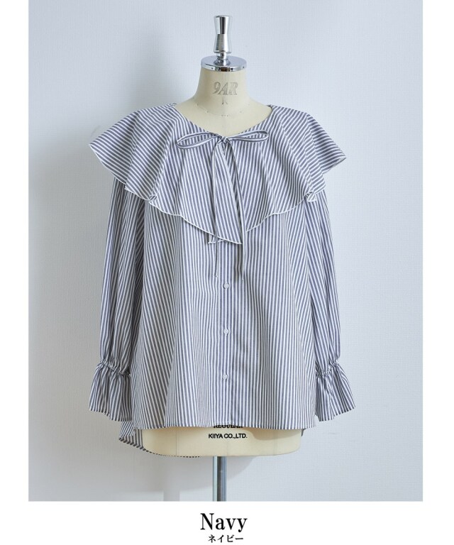 売り切れました♡ストライプシャツブラウス♡ セール】 ロンドンストライプドロストネック七分袖シャツ