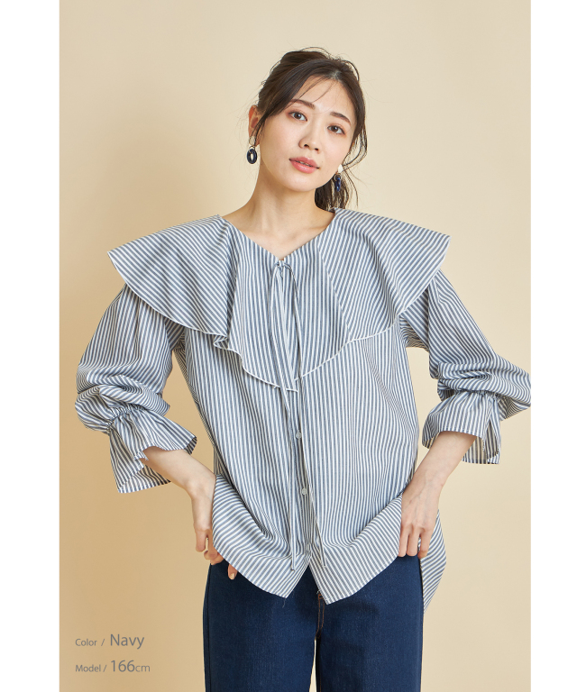売り切れました♡ストライプシャツブラウス♡ 先染めストライプフリルブラウス※WEB Store限定販売