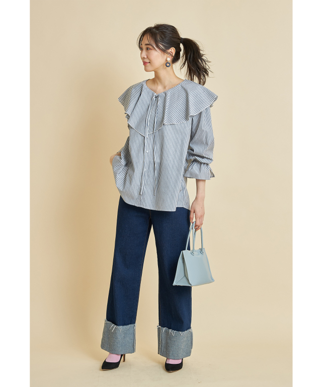Bibiy. ストライプフリル長袖トップス 先染めストライプフリルブラウス※WEB Store限定販売