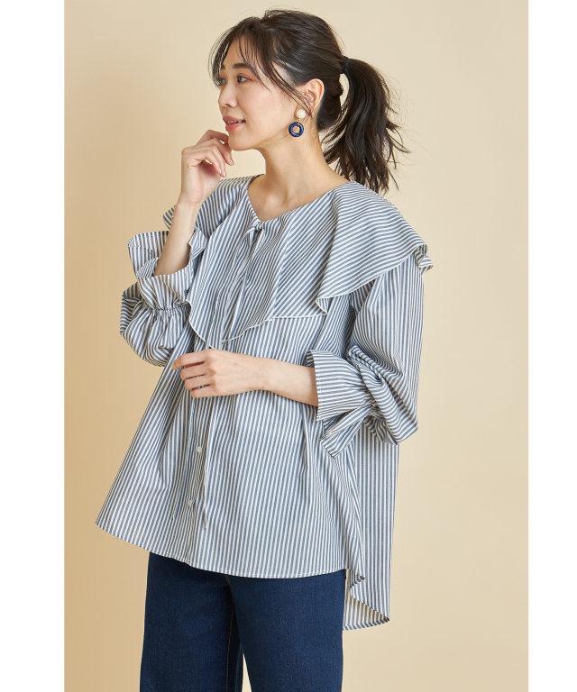 先染めストライプフリルブラウス※WEB Store限定販売