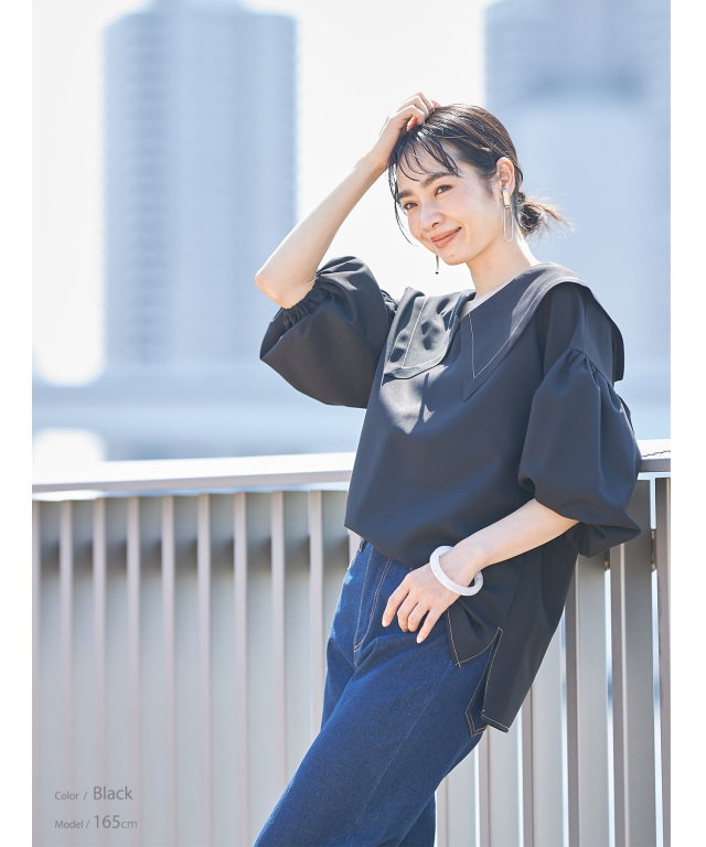 セーラーカラー配色ステッチボリュームブラウス※WEB Store限定販売