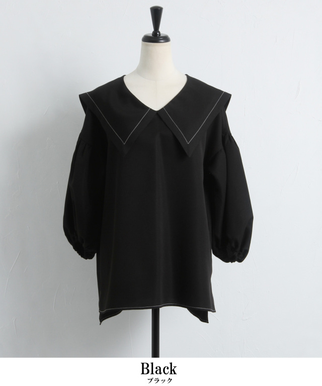 cen. cen ステッチセーラーブラウス　BLACK 美品 チェーンクロス付きセーラーショートブラウス– A AM STUDIO