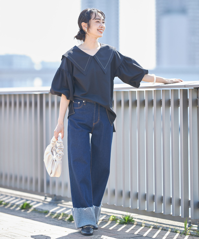 専用✨23区　ノーカラージャケット　綿　ステッチ　ペプラムフリル紺色48 大きい ノーカラーペプラムジャケット