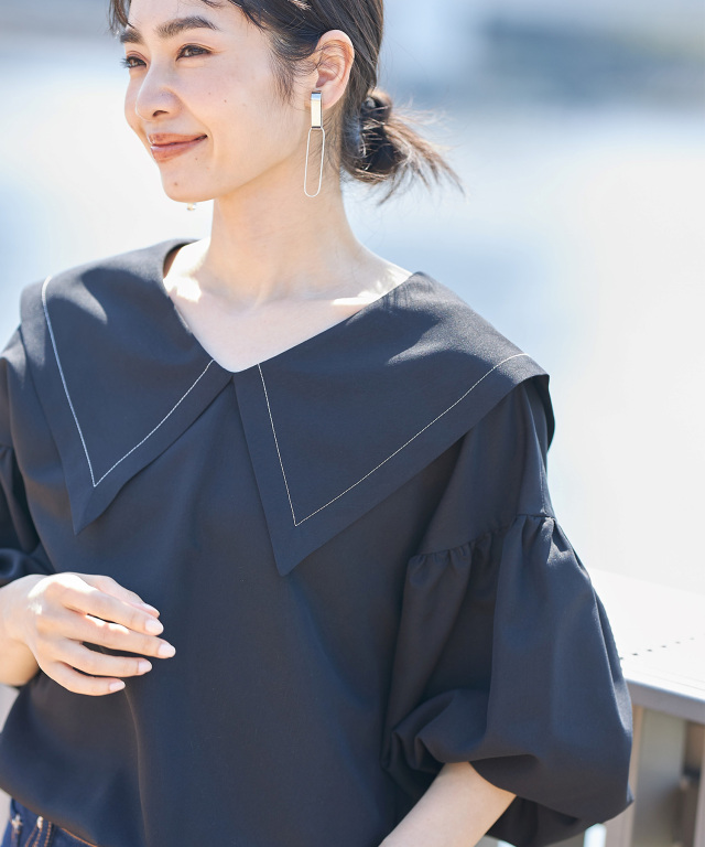 セーラーカラー配色ステッチボリュームブラウス※WEB Store限定販売