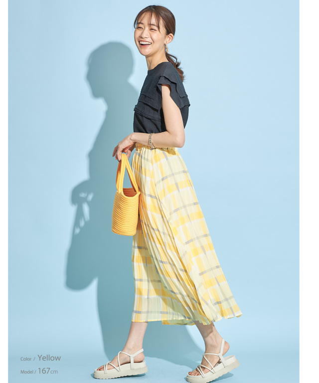 SENSE OF PLACE チェックプリーツスカート　YEL×GRE イエロー チェックプリントアコーディオンプリーツスカート※一部店舗のみ入荷