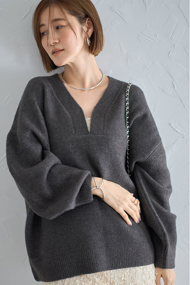 未使用タグ付 45rpm リネン天竺のグリューネックニット 未使用タグ付