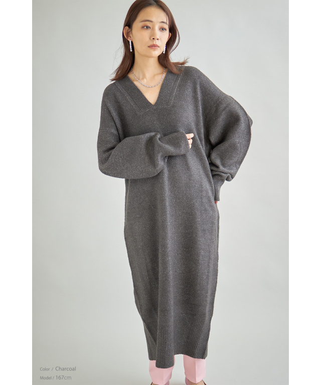 天竺深Vネックニットワンピース※一部店舗のみ入荷
