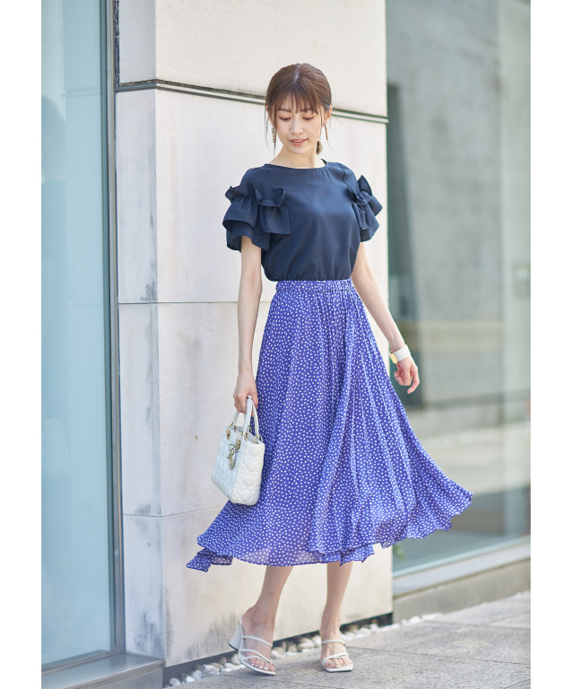 シアークレープ花柄プリントアシメプリーツスカート※一部店舗のみ入荷 