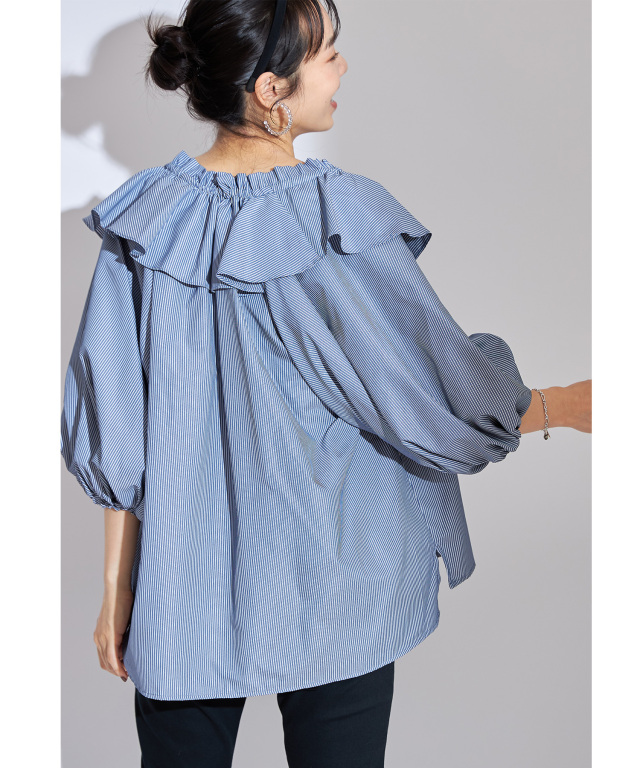 先染めストライプフリルブラウス※一部店舗のみ入荷