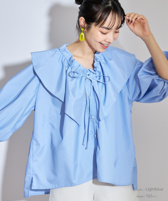 先染めストライプフリルブラウス※一部店舗のみ入荷