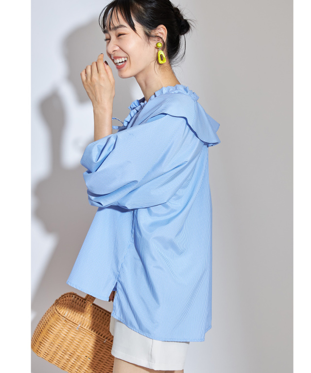 先染めストライプフリルブラウス※一部店舗のみ入荷