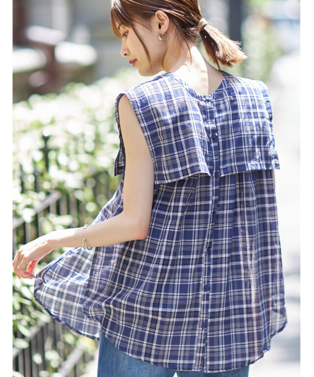 前後2WAYセーラーケープチェックリネンブラウス※WEB Store限定販売